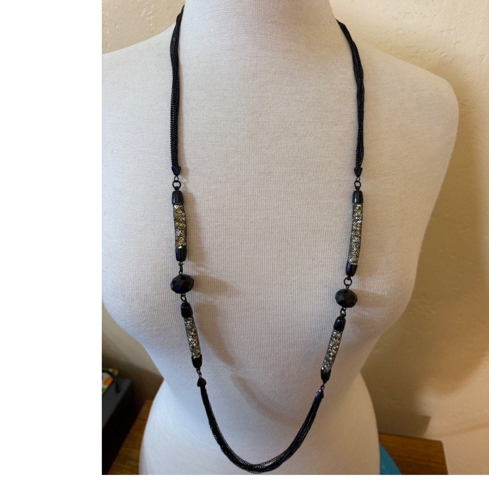 Black Multi Strand Mesh Crystal Tube Statement Necklace Long Opera Length